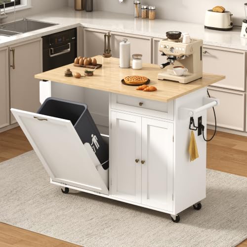 chartustriable 51" Kitchen Island with Drop Leaf,Kitchen Island Cart W/Rolling Trash Cabinet,Folding Drop Leaf,2 Drawers,Movable Carts on Wheels with Spice Rack&Towel Rack for Home, Dining Room,White - color: White, size: 29.5"D x 51.2"W x 35.8"H
