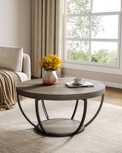 LITTLE TREE Round Coffee Table, 32" Circle Coffee Tables for Living Room | 2-Tier Wood Accent Center Table with Open Storage Industrial Design Home Furniture (Grey and Black) - color: Grey and Black