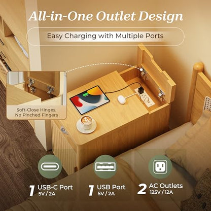 Huuger Narrow End Table with Charging Station, USB-C Port | Fluted Nightstand with Storage Cabinet, Back Rack, Farmhouse Side Table for Small Spaces, Night Stand, Walnut - color: Natural Wood