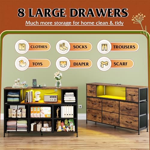 WLIVE LED Dresser TV Stand for 55 Inch TV, 8 Drawers, Rustic Brown | Fits TVs up to 55 inch, 8 fabric drawers, LED chest of drawers, Built-in power outlet, Living room or bedroom - color: Rustic Brown