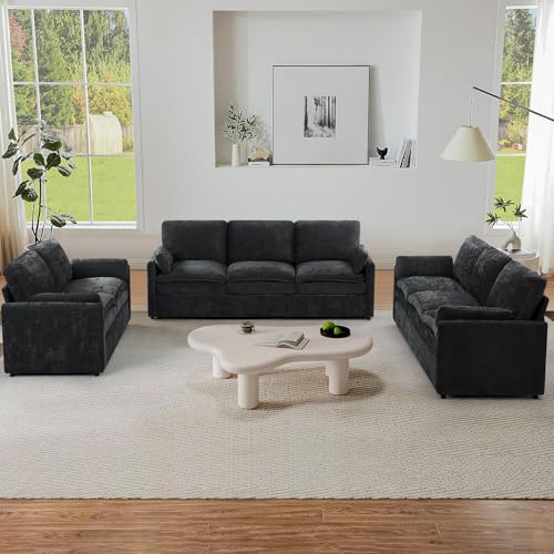 3 Pieces Chenille Sofa Set w/Two Arm Pillows, Black | Upholstered Loveseat & 2 Pieces 3-Seater Sofa w/Soft Cushions, Modern 2-Seat & 3-Seat w/High-Density Foam for Living Room - color: Black, size: 69" & 89" & 89" Sofa Set