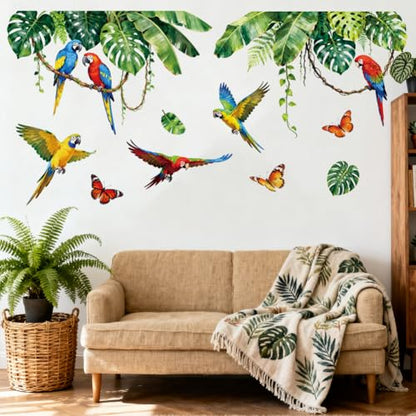 Tropical Parrot and Monstera Wall Decals, Wall Stickers Decor | 2 Sheets 11.8"x37.8" Vinyl Removable Peel and Stick Murals, Plant Decor for Bedroom, Bathroom, Office, Classroom & Home - style: Tropical Parrot and Monstera