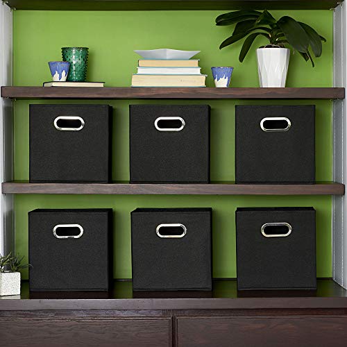 Household Essentials Foldable Fabric Storage Bins 6 Piece Set, Strong Poly-Woven Fabric, Sturdy Chipboard Sides, Grommet Front Handle, Stackable, Classic Design, Black - color: Black, size: 11” L x 11” W x 11” H