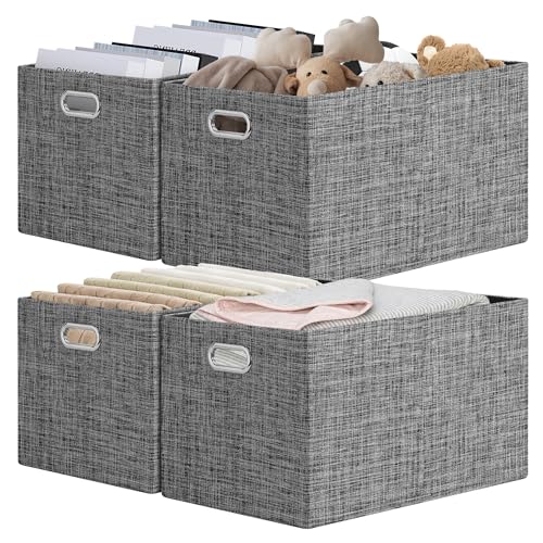 Posprica Closet Storage Bins, 4 Pack Large Closet Shelf Organizers, Linen Fabric Decorative Storage Baskets for Organizing, Foldable Storage Box for Clothes, 16.5x12x10.25 Inch (Black) - color: Black, size: 16.5Lx12Wx10.25H
