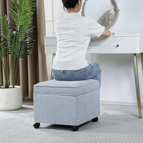 17" Square Storage Ottoman with Wheels, Upholstered Linen Movable Cube Footrest & Extra Seat with Flip Top for Living Room, Bedroom, Blue Grey - color: Blue Grey With Wheels