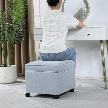 17" Square Storage Ottoman with Wheels, Upholstered Linen Movable Cube Footrest & Extra Seat with Flip Top for Living Room, Bedroom, Blue Grey - color: Blue Grey With Wheels