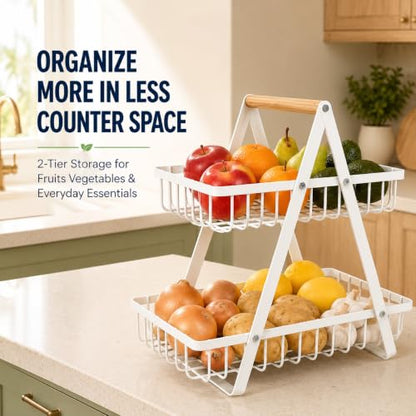 mahueeol 2-Tier Countertop Fruit Basket with Wooden Handle, Detachable | Detachable metal baskets with wooden handle for fruits, vegetables, bread and snacks in kitchens, pantries or dining rooms - color: White