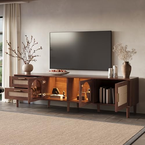Rattan TV Stand 71 in for TVs up to 80 inch, Dark Brown Media Console with LED Lights and Storage Cabinets for Living Room, Wood Entertainment Center with Rattan Drawers and Cable Management - color: Dark Brown-o