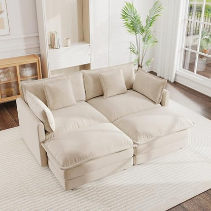 Aoowow Modular Sectional Sofa Modern Convertible Loveseat Couch,77.16 Inch Deep 2-Seater Sofas Comfy Chenille Cloud Sofas and Couches Set with 2 Movable Ottoman for Living Room Apartment（Light Coffee） - color: Light Coffee, size: 2 Seat + 2 Ottoman