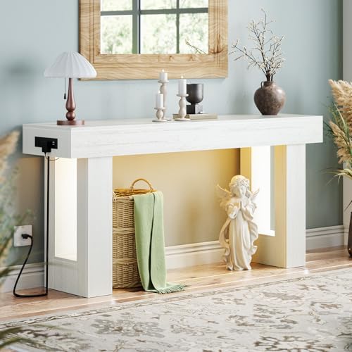 Unikito 63" Console Table with Sensor Light and Oulets, Rustic White | Narrow Entry Table with Open Storage, Farmhouse Sofa Tables Behind the Couch, Versatile for Entrance Foyer Living Room - color: Warm White, size: 63IN
