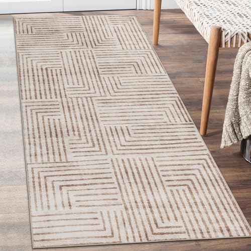 Machine Washable Area Rug Runner - Living Room Bedroom Bathroom Kitchen Entryway Office - Non-Slip Baking Low Pile Stain Resistant Premium - Modern Geometric - Finn - Beige 2'6" x 6' - color: Finn - Beige, size: 2'6" x 6' (Rectangular)
