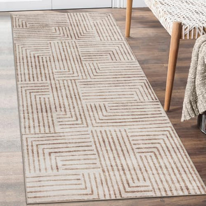 Machine Washable Area Rug Runner - Living Room Bedroom Bathroom Kitchen Entryway Office - Non-Slip Baking Low Pile Stain Resistant Premium - Modern Geometric - Finn - Beige 2'6" x 6' - color: Finn - Beige, size: 2'6" x 6' (Rectangular)