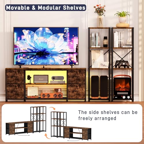 LED TV Stand Bookshelf Combo with Charging Station for 65 60 55 Inch TV, Entertainment Center with Lights & Drawers, Industrial Media TV Console Table for Living Room Bedroom Office, Rustic Brown - color: Rustic Brown