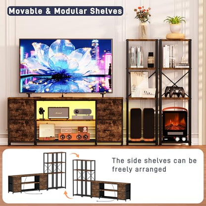 LED TV Stand Bookshelf Combo with Charging Station for 65 60 55 Inch TV, Entertainment Center with Lights & Drawers, Industrial Media TV Console Table for Living Room Bedroom Office, Rustic Brown - color: Rustic Brown