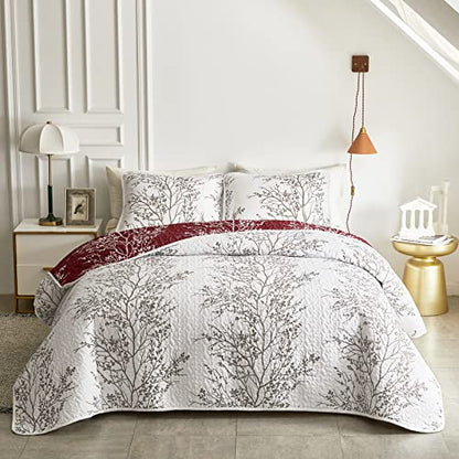3 Pieces Christmas Quilt Set Burgundy Red Branch Queen Size 88x88 Soft Microfiber Lightweight Coverlet Bedspread New Year Holiday Bedding Set Bed Cover for All Season (1 Quilt+ 2 Shams) - color: Red Branch, size: Queen(88x88)