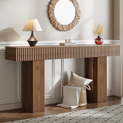 63-Inch Long Entryway Console Table with a Fluted Design, Thick Wood Farmhouse Sofa Table Behind Couch, Narrow Hallway Accent Table for Living Room, Foyer, Entrance,Modern Walnut - color: Walnut, size: 63 Inch