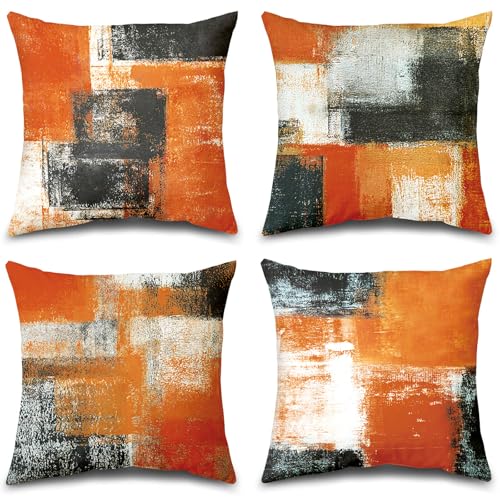 Burnt Orange Throw Pillow Covers 16x16 Set of 4 Decorative Cushion Cover Taupe Abstract Art Painting Pillow Covers for Sofa Couch Bedroom Living Room Outdoor Home Décor | Taupe & Burnt Orange modern‑art cushion cases, neutral aesthetic pillowcases for sof