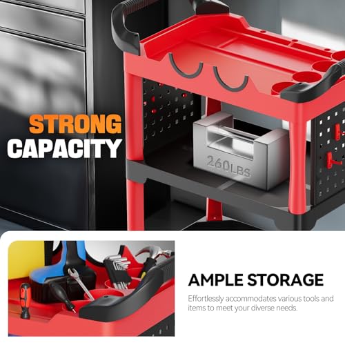 Auto Dynasty 3-Level Rolling Cart Trolley Storage Detailing Cart with Cup Holders Pegboard 120 kg/260 Lbs Capacity on Wheels Fits Garage, Warehouse, Home and Workshop, Black/Red - style: with 2 sides Pegboard