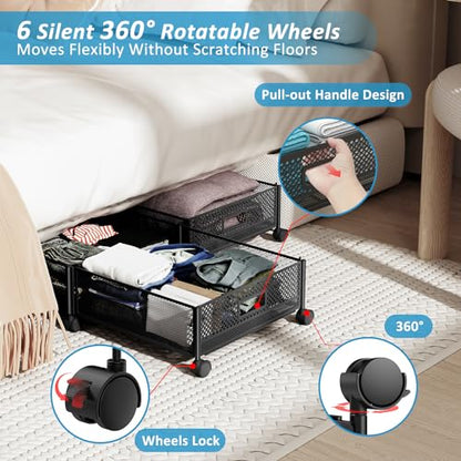 Under Bed Storage with Wheels 47.2"(L)/57.6L Large Rolling Under Bed Storage, Metal Underbed Containers on Wheels, Tool-Free Assembly Foldable Metal Underbed Drawers for Shoes Clothes Toys - size: 2 Pack (47.2×15.7")