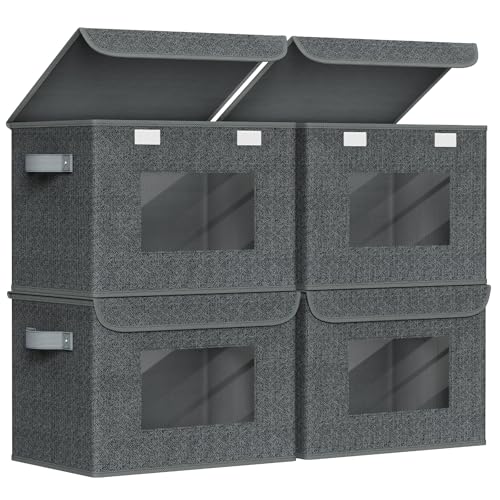 Univivi Fabric Foldable Storage Boxes with Lids, 4 Pack, Black | 17 x 12 x 12 In Large Storage Bins with lid & Carry Handles, Stackable Design Closet Storage Containers for Home Clothes - color: Black