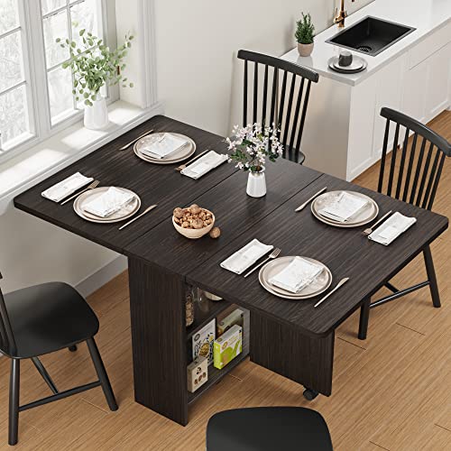 Folding Dining Table with 2-Layer Storage Rack, Drop Leaf Tables, Black | Small Spaces, Foldable Dining Table with 3 Wheels, Kitchen Table, Dining Room - color: Dark Walnut, size: 50.1"D x 31.4"W x 29.5"H