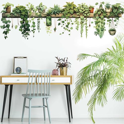 Nature Green Plants Peel and Stick Wall Decals Wallpaper, Removable Wall Decals Shelves Green Plants Vinyl Art Wall Stickers & Murals for Living Room Kitchen Bathroom Decoration (A-Green) - style: Plant
