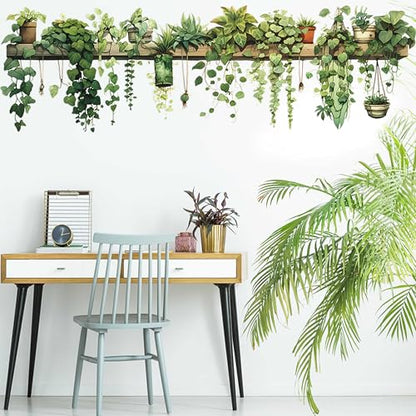Nature Green Plants Peel and Stick Wall Decals Wallpaper, Removable Wall Decals Shelves Green Plants Vinyl Art Wall Stickers & Murals for Living Room Kitchen Bathroom Decoration (A-Green) - style: Plant