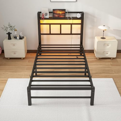 Twin Bed Frame with Headboard,Single Bed Frame with Charging Station and LED Lights,Metal Platform Bed Twin Sizes,No Box Spring Needed,Easy Assembly,Black (Black, Twin) - size: Twin, style: Modern Twin