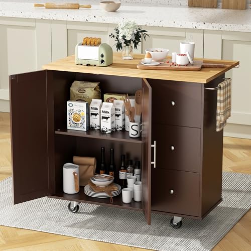 QAQA 40" Kitchen Island Cart Furniture cart on Wheels Rolling Portable Dining Room Serving Utility Carts Mobile Movable with Drawers Cabinet,Brown - color: Brown, size: 40-IN