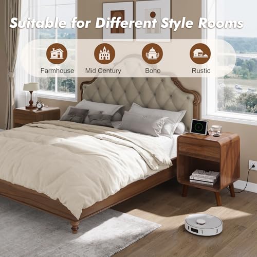 Nasonet Small Night Stand Set 2, 17.7'' Wide Bedside Table with Charging Station, Mid Century Modern Nightstands with Drawers, End Table for Living Room, Curved Beveled Design, Walnut - color: Walnut, size: 1 Drawer