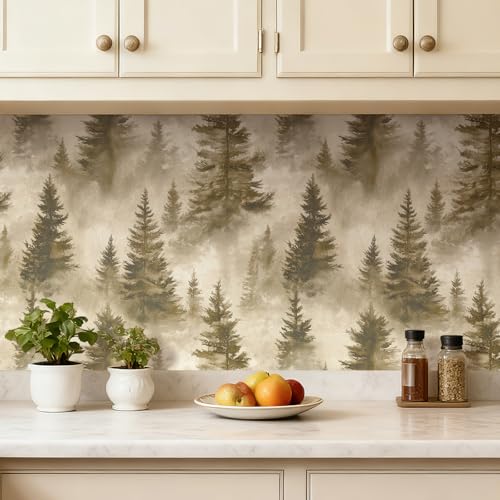 Dark Forest Wallpaper Peel and Stick Vintage Foggy Forest Landscape Wallpaper Nature Wall Mural Deep Moody Misty Pine Tree Removable Sage Green Forest Contact Paper Self Adhesive 17.5x80" Hellowall - size: 17.5x80 Inch