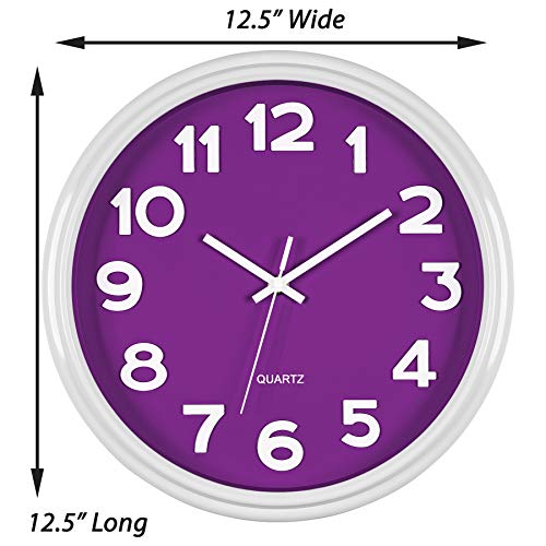 Bernhard Products Large 12.5 Inch Purple Wall Clock with Non-Ticking Sweep Movement, Quartz Analog Display, Solid Plastic Case, Metal Hands, Battery Operated, Easy to Read - style: Violet