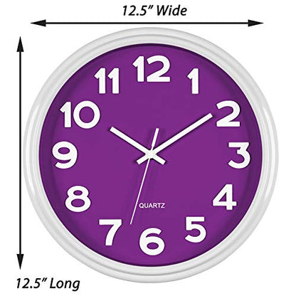 Bernhard Products Large 12.5 Inch Purple Wall Clock with Non-Ticking Sweep Movement, Quartz Analog Display, Solid Plastic Case, Metal Hands, Battery Operated, Easy to Read - style: Violet