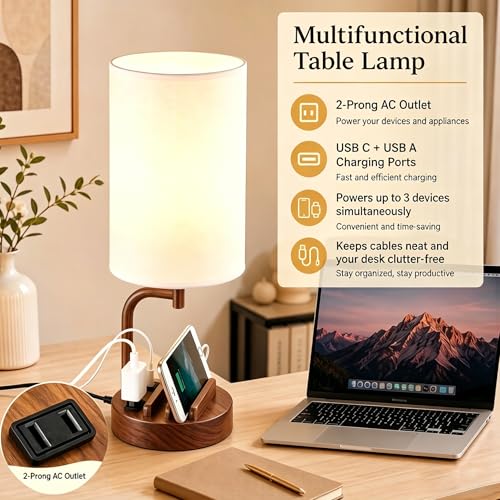 Dreamholder Touch Control USB Table Lamp with USB C/A & AC Outlet, 3-Way Dimmable Bedside Lamp, Modern Nightstand Lamps for Bedroom Living Room Guest Room Office, Bulb Included, Walnut - color: Wanut