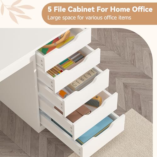 47 Inch Computer Desk with 5 Drawers and Power Outlets for Small Spaces | Home Office Desks with Storage File Cabinet and Charging Station, Modern Simple Laptop Desk Writing Table, White - color: White