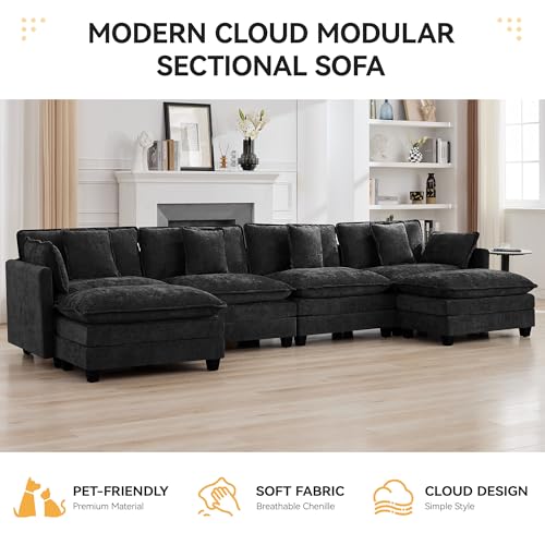 147'' Modualr Sectional Cloud Deep Seat Couch, Oversized Chenille U Shaped Sectional Sofa for Living Room Set, Comfy Upholstered Modular Sectional Sofa Couch with 2 Movable Ottoman, Dark Grey - color: Dark Grey, size: 147'' U Shape