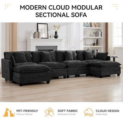 147'' Modualr Sectional Cloud Deep Seat Couch, Oversized Chenille U Shaped Sectional Sofa for Living Room Set, Comfy Upholstered Modular Sectional Sofa Couch with 2 Movable Ottoman, Dark Grey - color: Dark Grey, size: 147'' U Shape