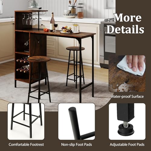 GOFLAME Bar Table Set for 2, Counter Height Dining Table Set with Shelves, Cup Holder & Wine Rack, Breakfast Table & Stools Set, 3-Piece Pub Table Set for Kitchen, Dining Room, Rustic Brown - color: Rustic Brown