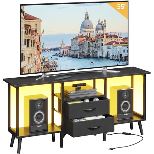 GYIIYUO Small TV Stand with Fabric Drawers/LED Light for 55 inch TV,Black | Entertainment Center with Storage Open Shelves，Media Console Table for living room, bedroom