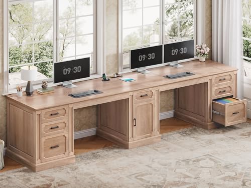 SEDETA Farmhouse 110.3" Two Person Desk with 7 Drawers, Long Computer Desk with Storage Cabinet, 2 Person Desk with Power Outlets for Home Office, Oak - color: Oak, size: 110.3" Two Person Desk