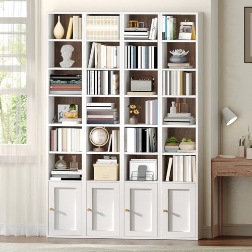 7-Tier Tall Narrow Bookshelf with Door, 70.9 Inches CD DVD Slim Media Tower Rack with Storage Cabinet, Adjustable Shelves, Skinny Bookshelf Display Bookcase for Home Office, White and Walnut - color: White + Walnut