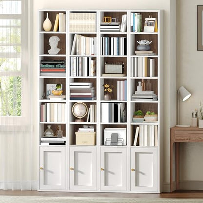7-Tier Tall Narrow Bookshelf with Door, 70.9 Inches CD DVD Slim Media Tower Rack with Storage Cabinet, Adjustable Shelves, Skinny Bookshelf Display Bookcase for Home Office, White and Walnut - color: White + Walnut