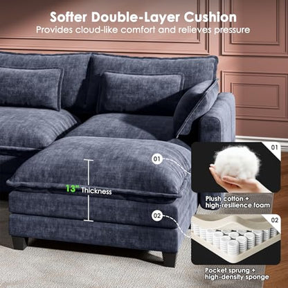 Marsail Modular Sectional Sofa 145.6" U-Shaped Modern Comfy Cloud Couch, 6-Seat Chenille Deep Seat Sofa with Throw Pillow & Movable Ottoman for Living Room, Bedroom and Apartment, Blue - color: Blue, size: 145.6" - U Shape