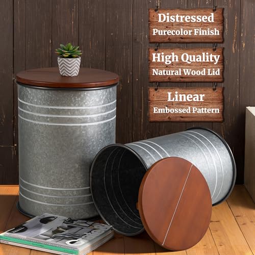 Glitzhome Rustic End Table Set of 2, Farmhouse Galvanized Metal Barrel Ottoman Storage Stool with Round Wood Lid for Living Room Furniture, Grey - color: Grey