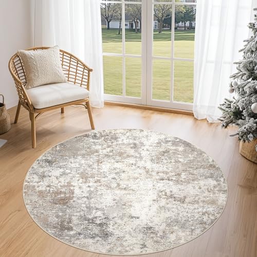 UERMEI 4ft Round Area Rug Living Room Rugs - 4x4 Washable Neutral Modern Abstract Soft Thin Rug Indoor Floor No Slip Rug Carpet for Bedroom Under Dining Table Home Office Decor - Brown Grey - color: Brown Grey, size: 4' (Round)