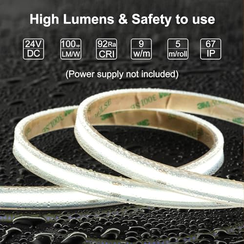 LLTOP COB LED Strip Light Waterproof IP67 24VDC Daylight White 6000K 16.4FT | CRI 92Ra+, Outdoor LED Tape Lighting, DIY Cuttable, For Bedroom Kitchen Cabinet Shelf (Power Supply Not Included) - color: Daylight White 6000K (power supply not included)