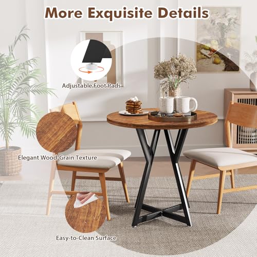 Small Dining Table, 31.5" Round Kitchen Table for 2 with X-Shaped Metal Pedestal Base, Wooden Dining Room Table for Small Spaces, Cafe, Apartment, Living Room, Office (Rustic Brown+Black)