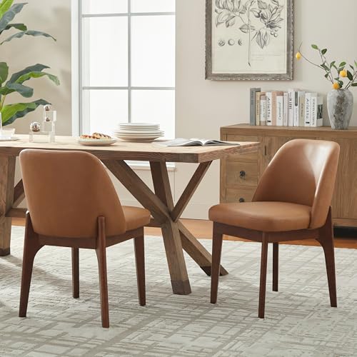 VKNOW Dining Chairs Set of 2, Faux Leather Wooden Kitchen Chairs, Brown | Modern Upholstered Side Chair with Rubberwood Legs for Kitchen Dining Room Restaurant, No Wobble - color: Brown, size: Set of 2