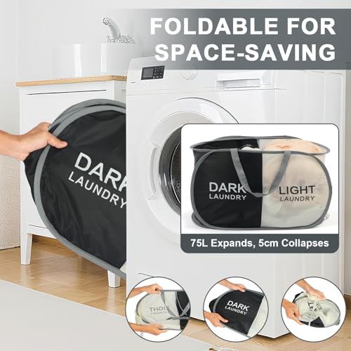 Seefoo Dual Compartment Laundry Hamper with Handles, Collapsible Laundry Baskets 2-Section, Dark/Light Labeled Storage Foldable Clothes Hamper for Laundry, Portable for Small Spaces, Apartment, Dorm
