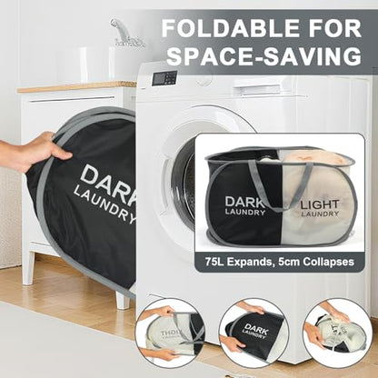 Seefoo Dual Compartment Laundry Hamper with Handles, Collapsible Laundry Baskets 2-Section, Dark/Light Labeled Storage Foldable Clothes Hamper for Laundry, Portable for Small Spaces, Apartment, Dorm
